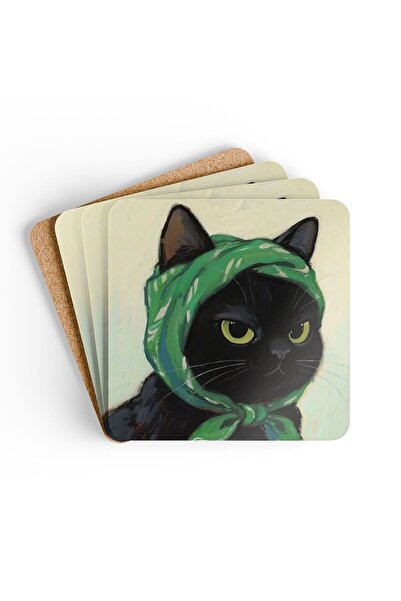 BASKIBAZAR Since 2020 Cat Printed 4-Piece Wooden Coaster Set, 5 mm Thickness,...