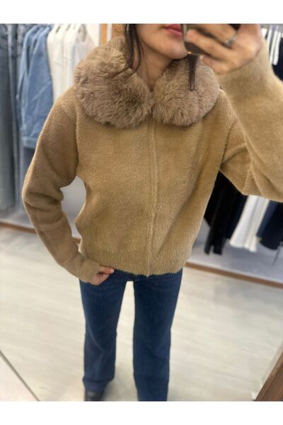 inmuse Çıkarılabilir Kürk Yakalı Triko Hırka