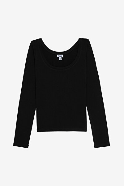 COMMON MELON Kadın Oval Yaka Uzun Kollu Basic Pamuklu Bluz Siyah