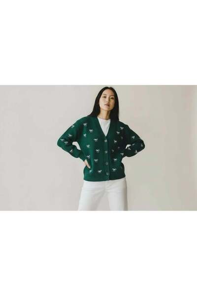EREN STYLE Bow Patterned Steel Knitted Sweater V-Neck Cardigan