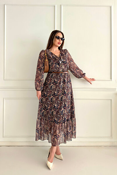 STEPS Volonlu yaka şal desen kemer detaylı astarlı şifon elbise