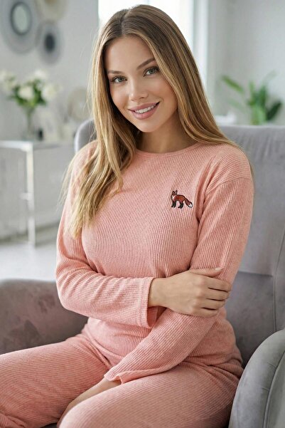 Pijamaevi Powder Fox Patterned Long Sleeve Seoul Knitted Women's Pajama Set