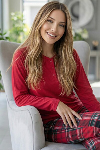 Pijamaevi Kırmızı Ekose Desenli Uzun Kollu Bambu Örme Kadın Pijama Takımı