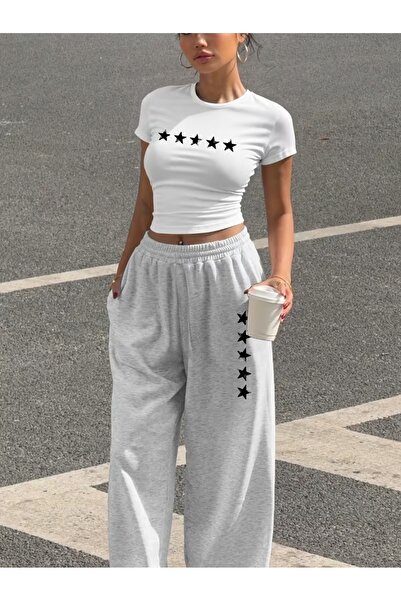 darkopia Women's Star Printed Baby Tee Combed Cotton Crop and Sweatpants - Tw...