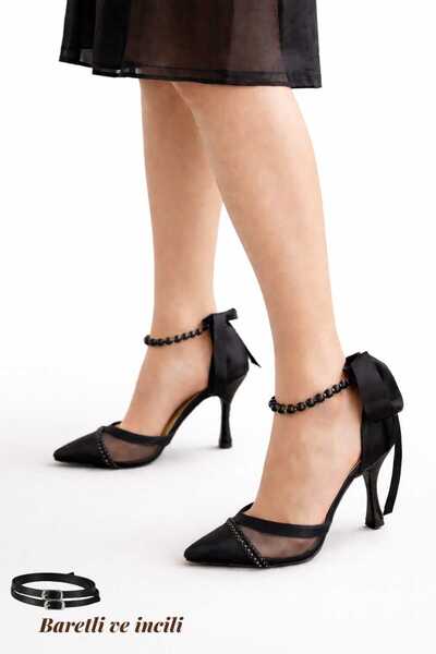 Famels Short Heeled Shoes with Pearls and Hard Hats, Mesh Evening Dress Shoes...