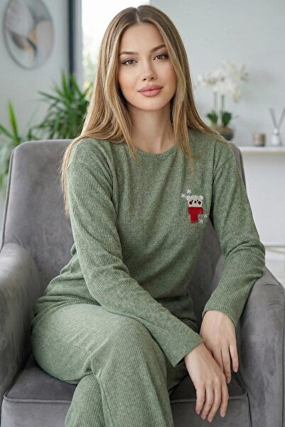 Pijamaevi Yeşil Bear Desenli Uzun Kollu Seul Örme Kadın Pijama Takımı