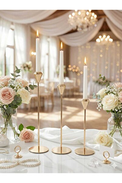 LOVYCO Gold Metal 3'lü Şamdan Seti - Elmas Model Dekoratif Mumluk - Salon Mas...