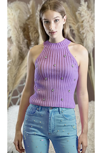 Miss Poem Lila Basic Women's Sleeveless Knit Sweater with Crew Neck and Stone...