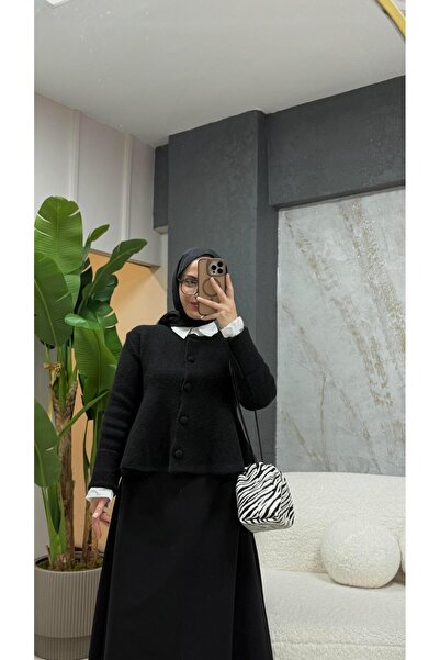 Semrailhan Soft Textured Peplum Buttoned Knitwear Cardigan Black