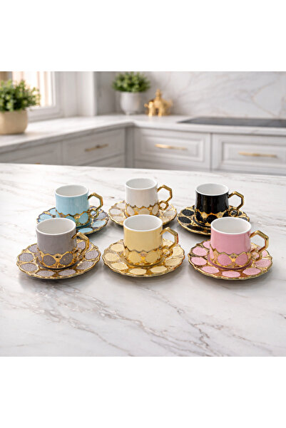 Home Lüks Altın Detaylı 6’lı Porselen Kahve Fincanı Takımı – Pastel Renkli Mo...