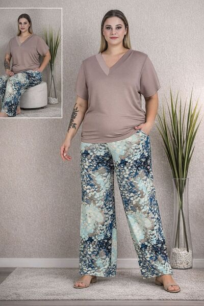 MOPİ Plus Size Short Sleeve Colorful Flared Wide&Comfortable Viscose Pajamas Set
