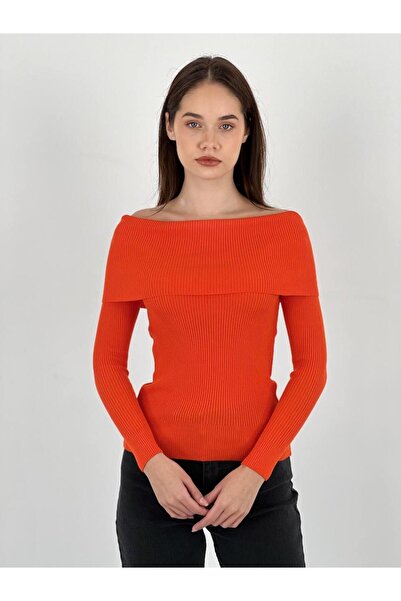 Miss Poem Women's Orange Boat Neck Corded Fabric Knitwear Sweater