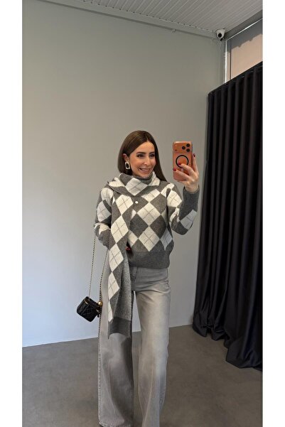 elif teke Gray Bone Weft Detailed Knitwear Sweater