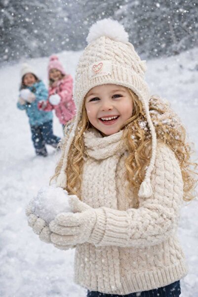 Kitti Cream Color Heart Detail Fleece Lining Inside Girl's Scarf Beanie Glove...