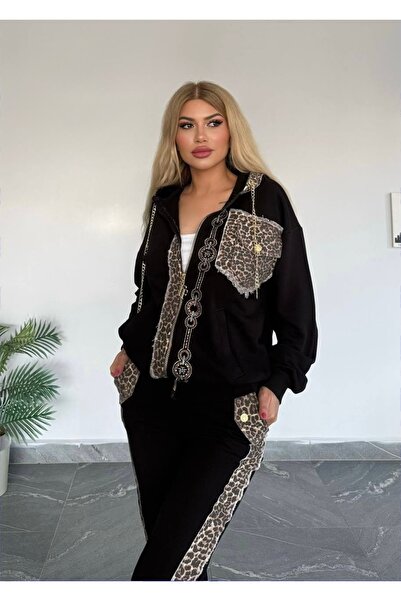 RED WOMAN FASHİON Leopard Detailed Hooded Zippered Top and Bottom Set
