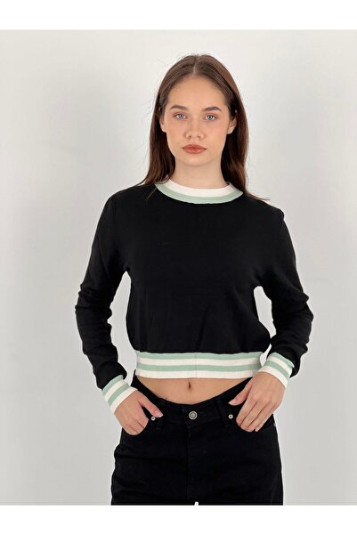 Miss Poem Black Crew Neck Stripe Detailed Long Sleeve Knitwear Women's Sweater