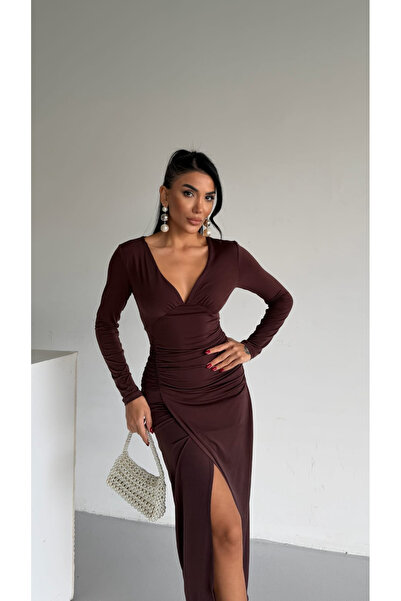 shop Kadın Kahverengi Uzun Kollu V Yaka Yırtmaçlı Drapeli Elbise | Şık ve Zar...