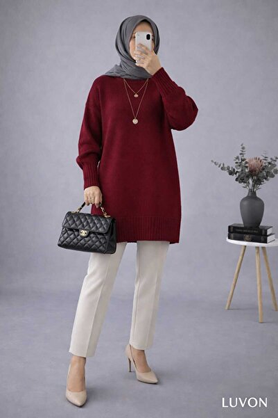 LUVON Burgundy Crew Neck Oversized Knitwear Tunic