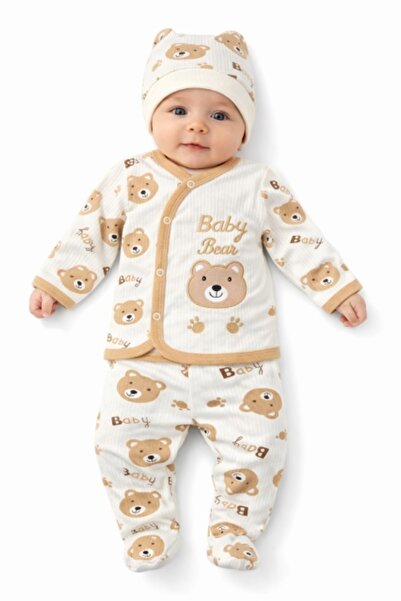 Pure Boutique Set bebelus 3 piese cu imprimeu ursulet, bumbac reiat moale, bl...