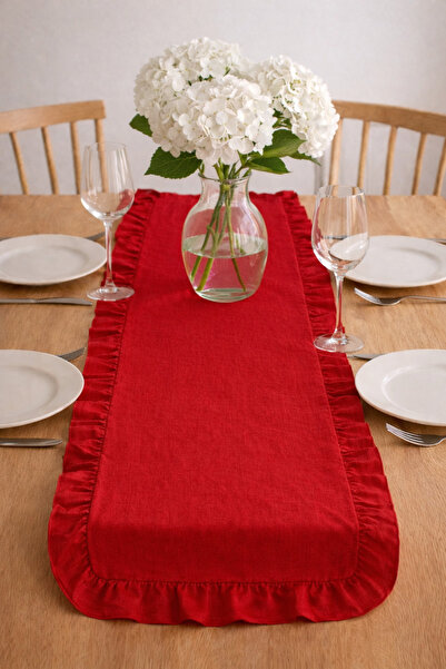 ŞAH TEXTILE DESIGN Kırmızı fırfir detay keten runner 40x110