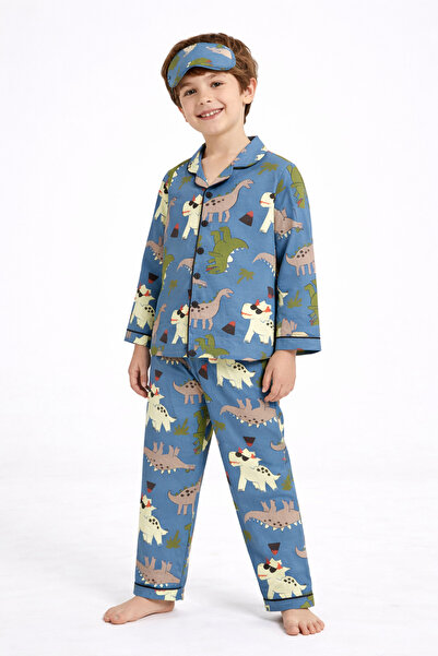 Beka Kids Patterned Long Sleeve Buttoned Front Shirt Collar Boys Pajama Set a...