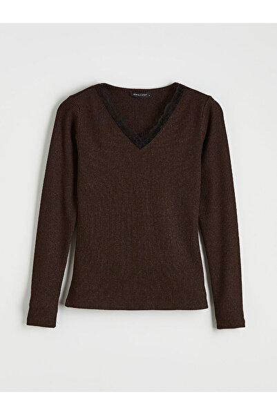 LC Waikiki Stylish and timeless brown v-neck blouse with lace detailing