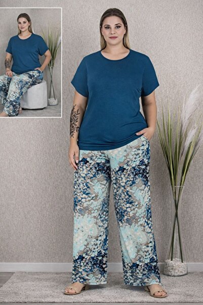 MOPİ Plus Size Short Sleeve Colorful Flared Wide&Comfortable Viscose Pajamas Set