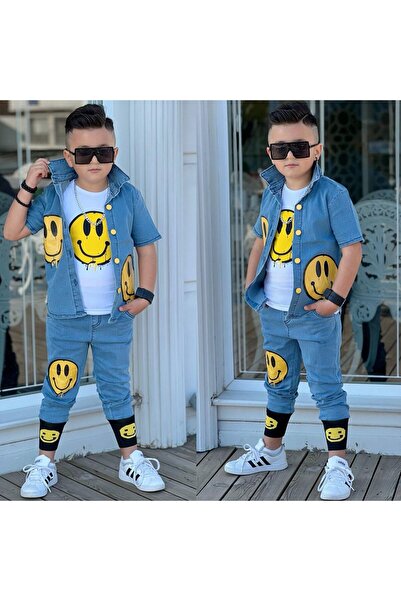 Erkek Çocuk Kot Takım Smiley Baskılı Gömlek Tişört Pantolon Mavi & Siyah Kombin