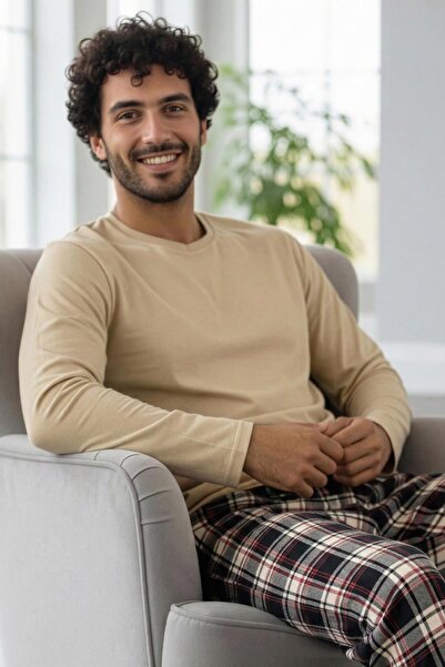 Pijamaevi Beige Stylish Men's Long Sleeve Pajama Set