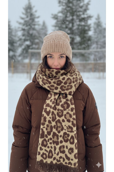 Luma Decor Kahverengi Leopar Desenli Kalın Atkı Şal