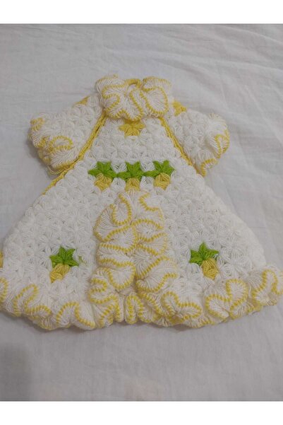 Handmade El Örgüsü Iki Katlı Beyaz-Sarı Banyo Lifi, Çeyizlik, 27*21 CM