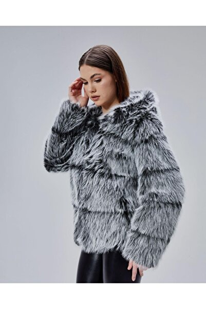 shop Gri Kapüşonlu Kürk
