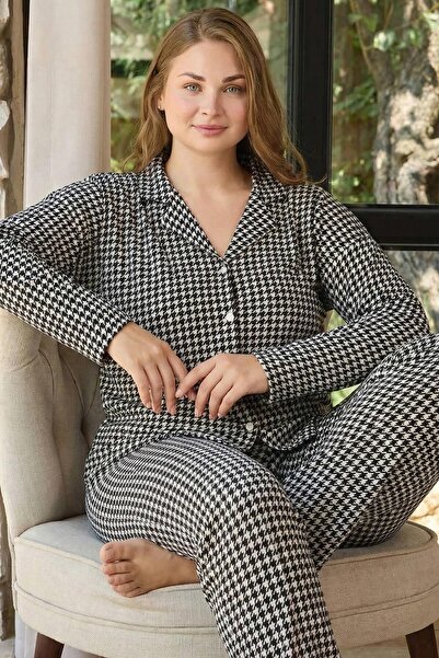 Pijamaevi Houndstooth Patterned Front Buttoned Velvet Oversized Plus Size Wom...