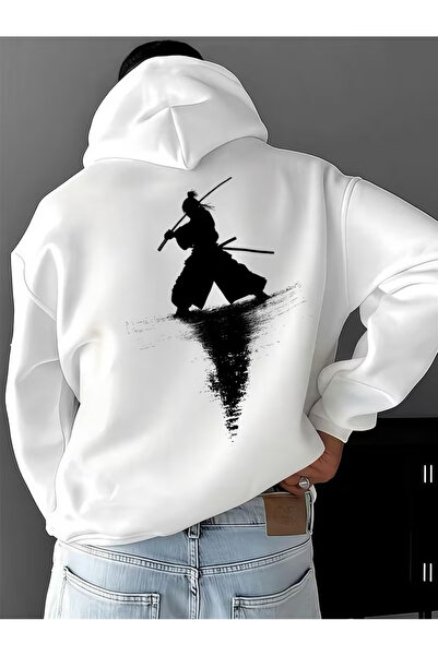 NEVERMIND Unisex White Oversized Hoodie Warrior Silhouette Printed