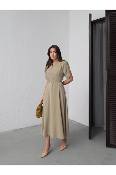 MAXXANA V-Neck Balloon Sleeve Belted Midi Dress