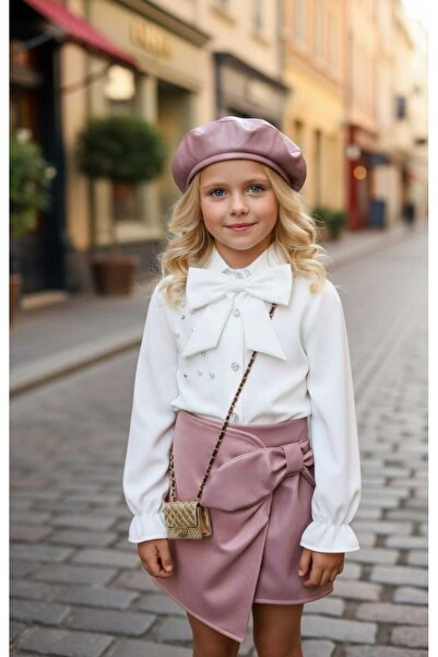zavera for kids Girl's Beret Leather 3-Piece Set - Pearl and Stone Detailed B...