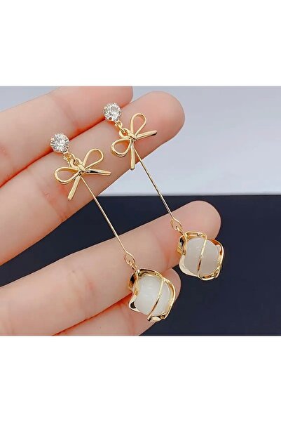 poyas Stylish Minimalist Long Earrings with Glass Beads and Bowknot Pattern