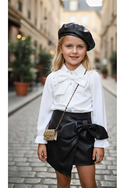 zavera for kids Girl's Beret Leather 3-Piece Set - Pearl and Stone Detailed B...