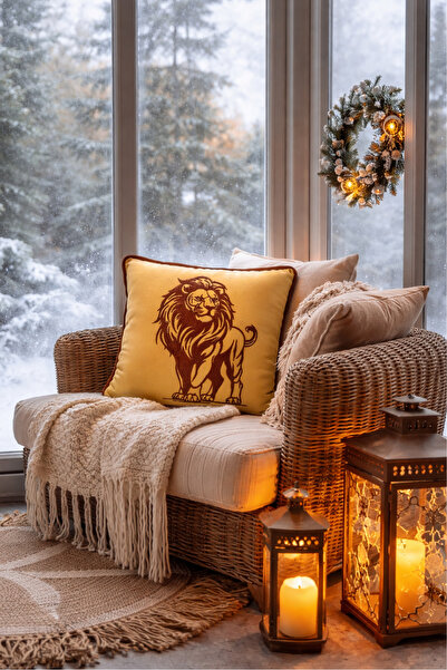 MB MERVE BULUT Dekoratif Kırlent 40x40 cm İçi Dolu Aslan Figürlü Duck Keten K...