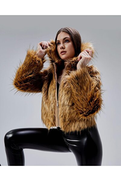 shop Açık Kahverengi Fermuarlı Kürk Mont