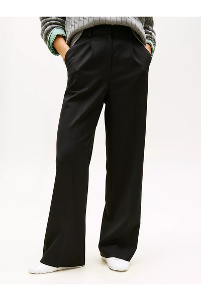 Tommy Hilfiger بنطلون نسائي أسود مريح للاستخدام اليومي مصنوع من القماش المنسو...