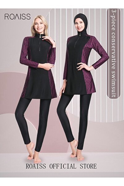 ROAISS طقم ملابس سباحة نسائي مكون من 3 قطع، مطبوع عليه رسومات محتشمة، مناسب ل...