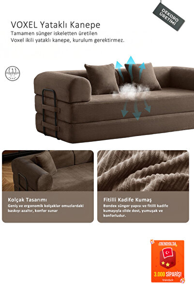 Dekoro Voxel 5in1 Akıllı Yataklı Kanepe, Fitilli Kadife, 50 DNS Bondex, Güçle...