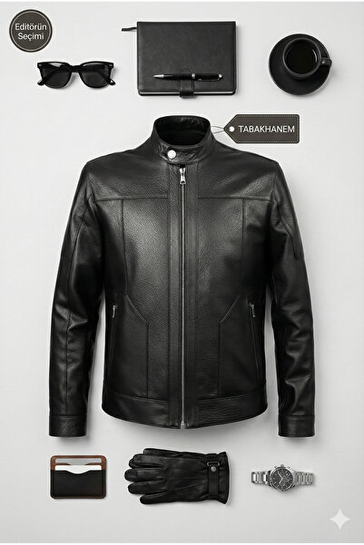 VELZANA  Erkek Hakiki Jumbo Deri Ceket Siyah | Dik Yaka, Fermuarlı, Cepli, Kışlık