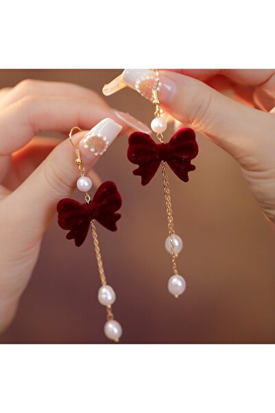 Choice 4 أقراط طويلة حمراء مخملية على شكل فيونكة، ندفة ثلج، نجمة، وقلب، مجوهر...