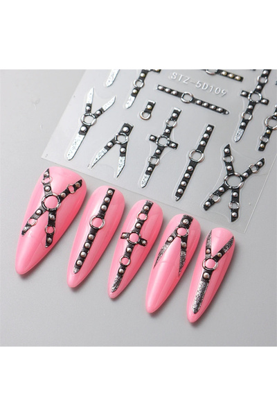 Choice قطعة واحدة من ملصقات تزيين الأظافر بتصميم حزام أسود خماسي الأبعاد بنمط...