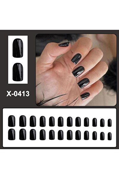 Choice X-0413 أسود، 24 قطعة، أظافر صناعية مربعة سوداء متوسطة الطول، 12 مقاسًا...
