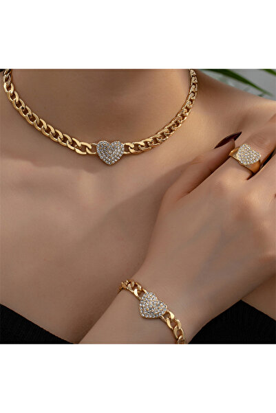 RINHOO FRIENDSHIP طقم سوار وقلادة وخاتم معدني ذهبي اللون بتصميم كلاسيكي للنسا...