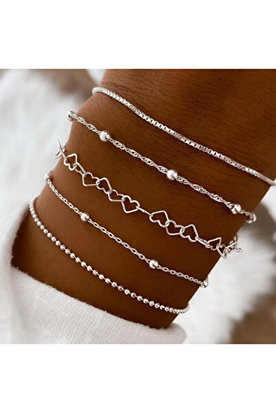 Choice طقم 5 قطع من الأساور الفضية اللون، مصنوعة من سلاسل وخرز، للنساء، بتصمي...
