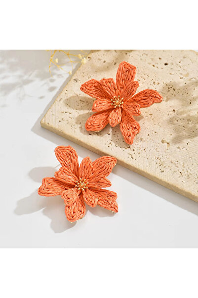 Choice أقراط زهور رقيقة مصنوعة يدويًا من الرافيا البرتقالية بنمط بوهيمي للنسا...